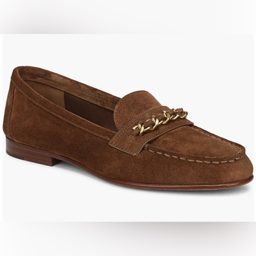 Nwt Veronica Beard - Penny Chain Loafer Hazelwood Suede With Gold Chain Detail